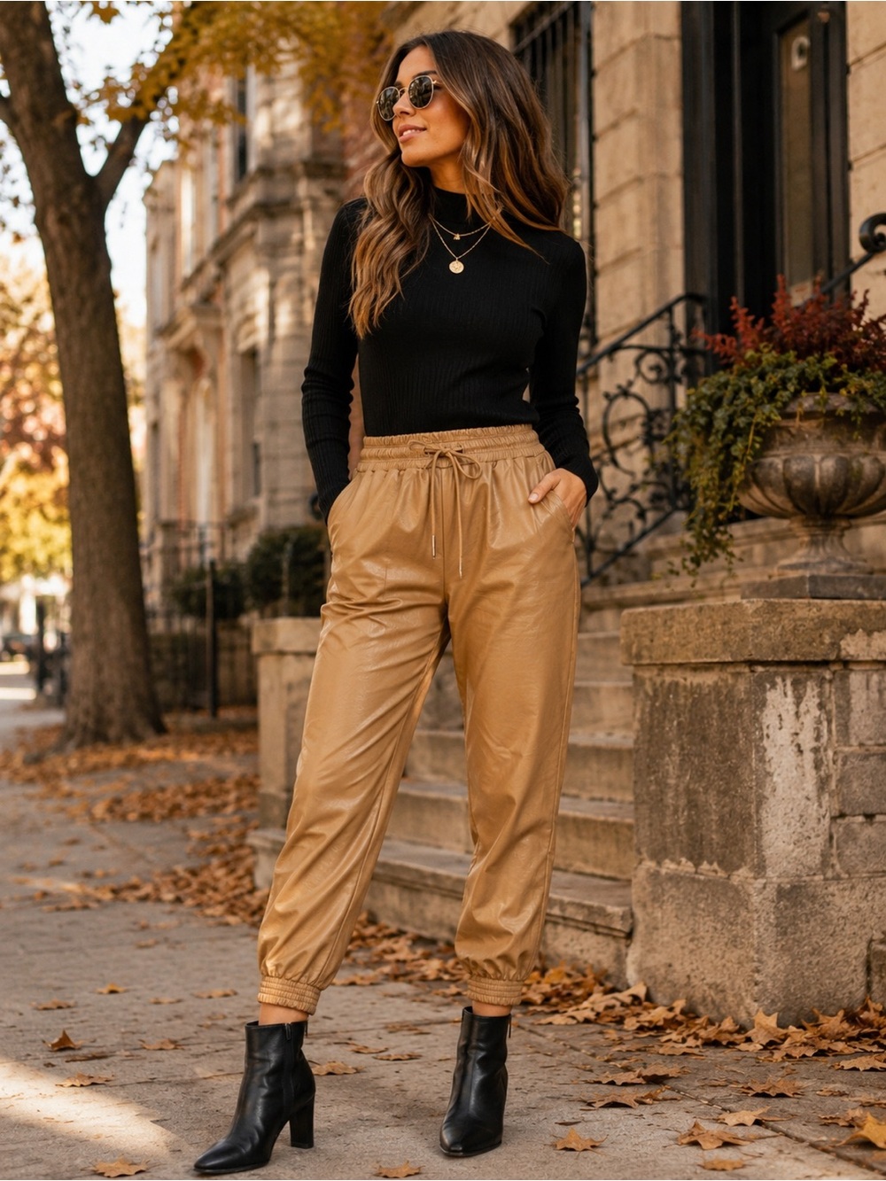 Stella Luce Camel Faux Leather Jogger Pants Vegan Leather Medium